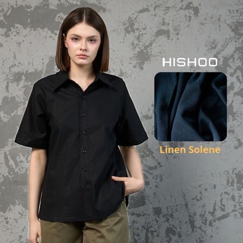 Áo Sơ Mi Nữ Đen Relax Form Rộng, Cổ Thường, Lai Ngang Linen Solene Vải Mềm Mát HISHOO A1G003