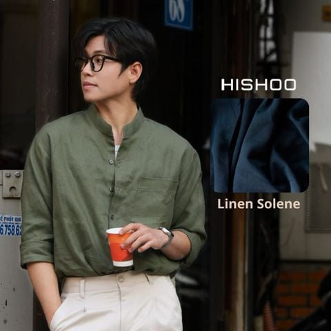 Áo Sơ Mi Nam Rêu Tay Dài Relax Form Rộng, Cổ Tàu Vuông, Lai Ngang Linen Solene Vải Mềm Mát HISHOO A2T002