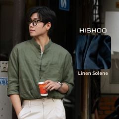 Áo Sơ Mi Nam Rêu Tay Dài Relax Form Rộng, Cổ Tàu Vuông, Lai Ngang Linen Solene Vải Mềm Mát HISHOO A2T002