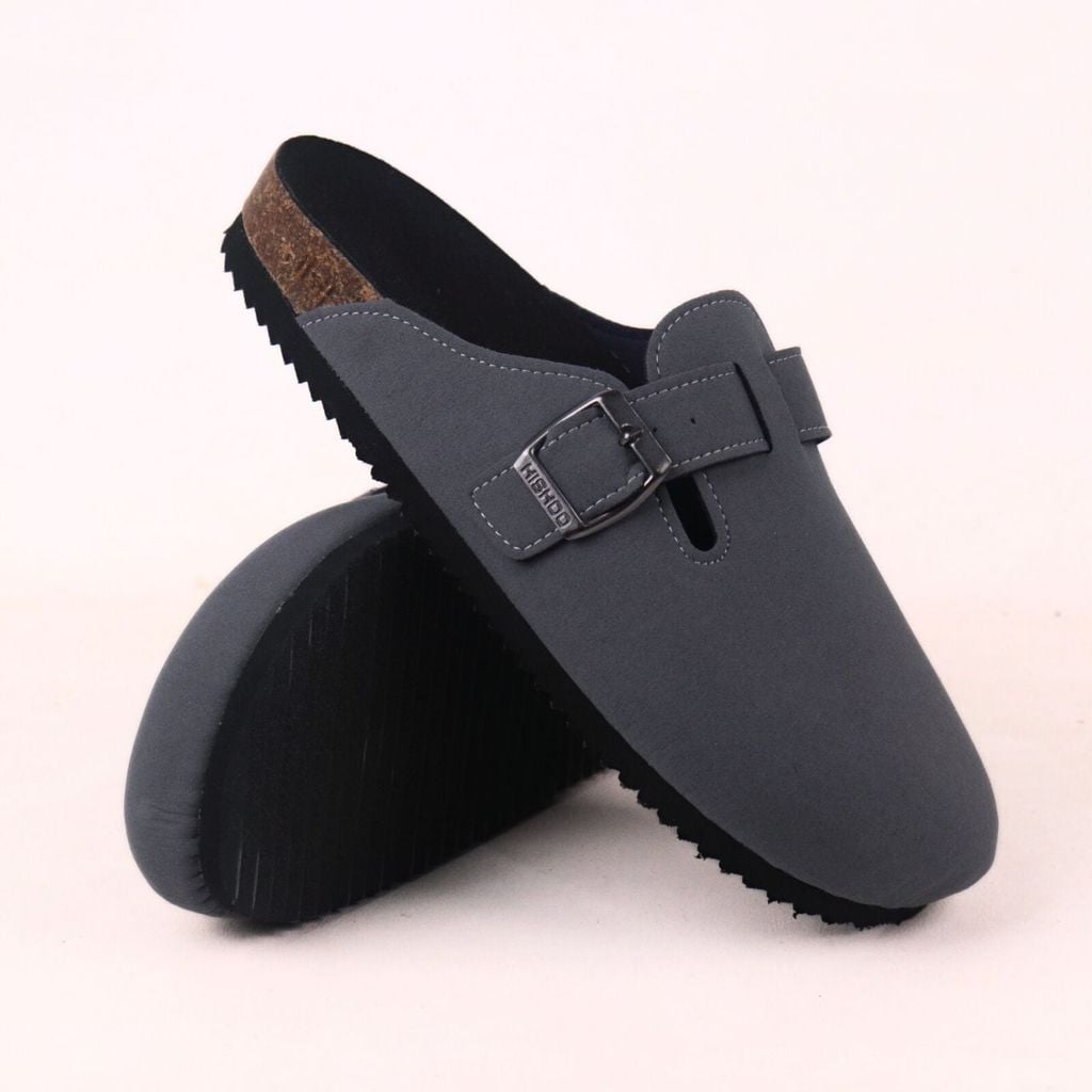 Dép đế trấu sục Boston Xám/ Kem/Bò quai ngang da lộn HISHOO R109