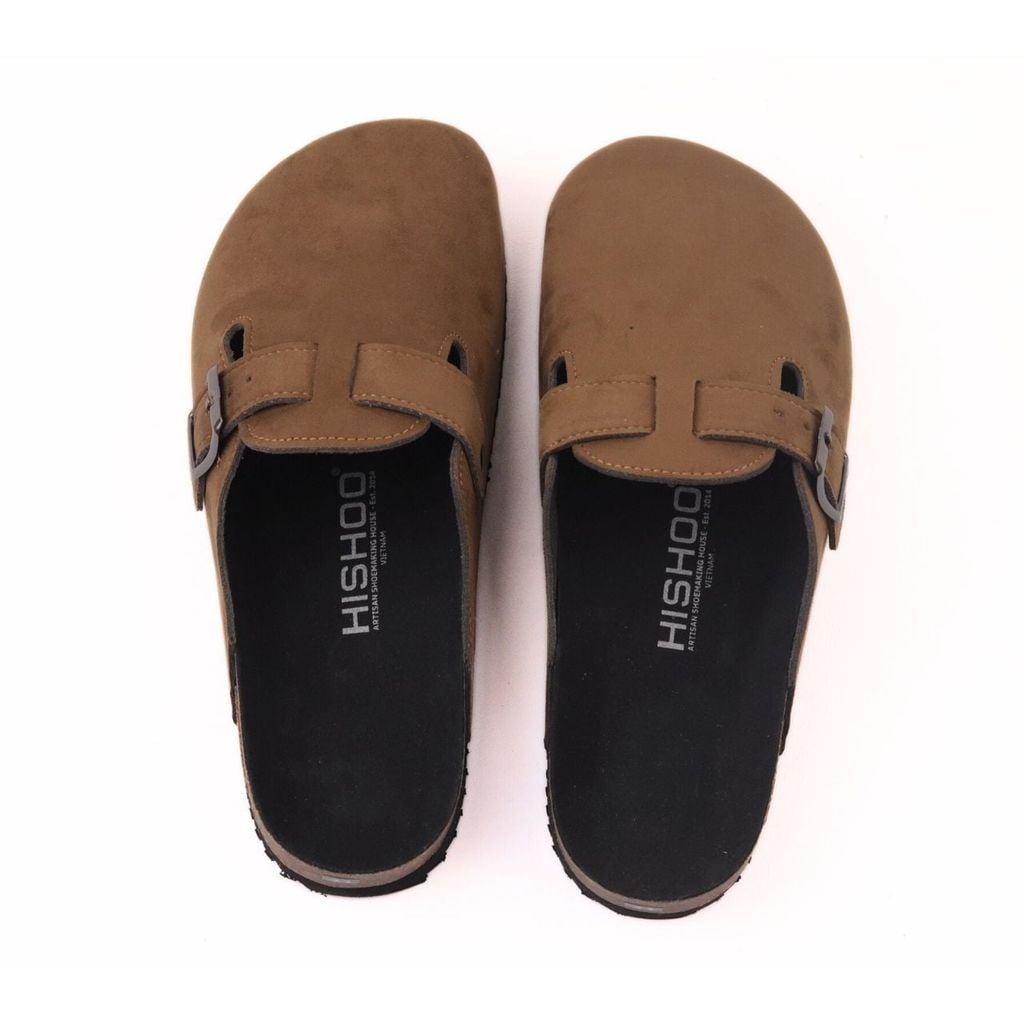 Dép đế trấu sục Boston quai ngang Nâu da lộn HISHOO R109