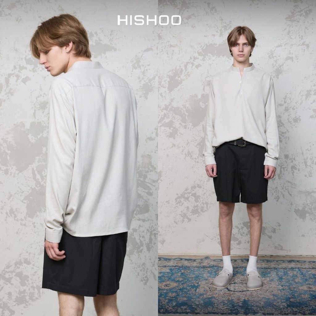 Áo Sơ Mi Nam Tay Dài Relax Form Rộng, Cổ Polo Tàu Vuông, Xẻ V Linen Solene Vải Mềm Mát HISHOO A3T002
