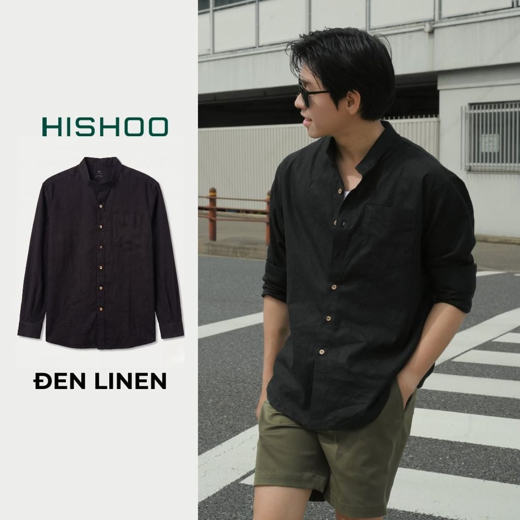 Áo Sơ Mi Nam Nút Gỗ Tay Dài Relax Form Rộng, Cổ Tàu Vuông, Lai Ngang Linen Solene Vải Mềm Mát HISHOO A2T002
