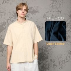 Áo Sơ Mi Nam Kem Relax Form Rộng, Cổ Tàu Vuông, Lai Ngang Linen Solene Vải Mềm Mát HISHOO A1T002