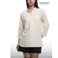 Áo Sơ Mi Nữ Tay Dài Relax Form Rộng, Cổ Polo Tàu Vuông, Xẻ V Linen Solene Vải Mềm Mát HISHOO A3G002
