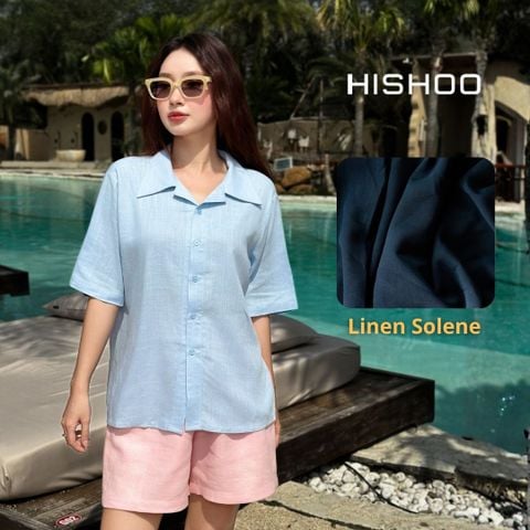 Áo Sơ Mi Xanh Nhạt Nữ Relax Form Rộng, Cổ Danton, Lai Ngang Linen Solene Vải Mềm Mát HISHOO A1G004