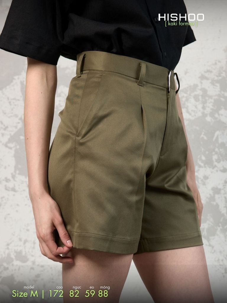 Quần kaki Rêu nữ lưng cao xếp li Hishoo short suông basic mặc đi chơi, đi làm HISHOO Q2G001