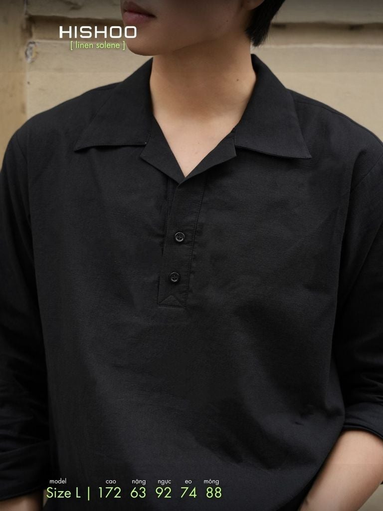 Áo Sơ Mi Nam Đen Tay Dài Relax Form Rộng, Cổ Polo Danton, Xẻ V Linen Solene Vải Mềm Mát HISHOO A3T004