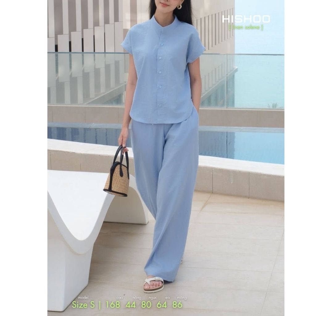Áo Sơ Mi Nữ Tay Ngắn Relax Form Rộng, Cổ Tàu Vuông, Linen Solene Vải Mềm Mát HISHOO A4G002