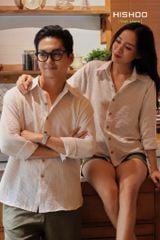 Áo Sơ Mi Trắng Sọc Nâu Nút Gỗ Tay Dài Nam Relax Form Rộng, Cổ Thường, Lai Ngang Linen Solene Vải Mềm Mát HISHOO A2T003