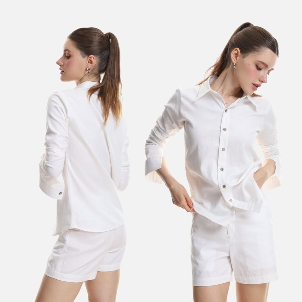 Áo Sơ Mi Nút Gỗ Tay Dài Nữ Relax Form Rộng, Cổ Thường, Lai Ngang Linen Solene Vải Mềm Mát HISHOO A2G003