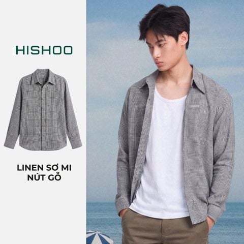 Áo Sơ Mi Caro Sọc Xám Nút Gỗ Tay Dài Nam Relax Form Rộng, Cổ Thường, Lai Ngang Linen Solene Vải Mềm Mát HISHOO A2T003