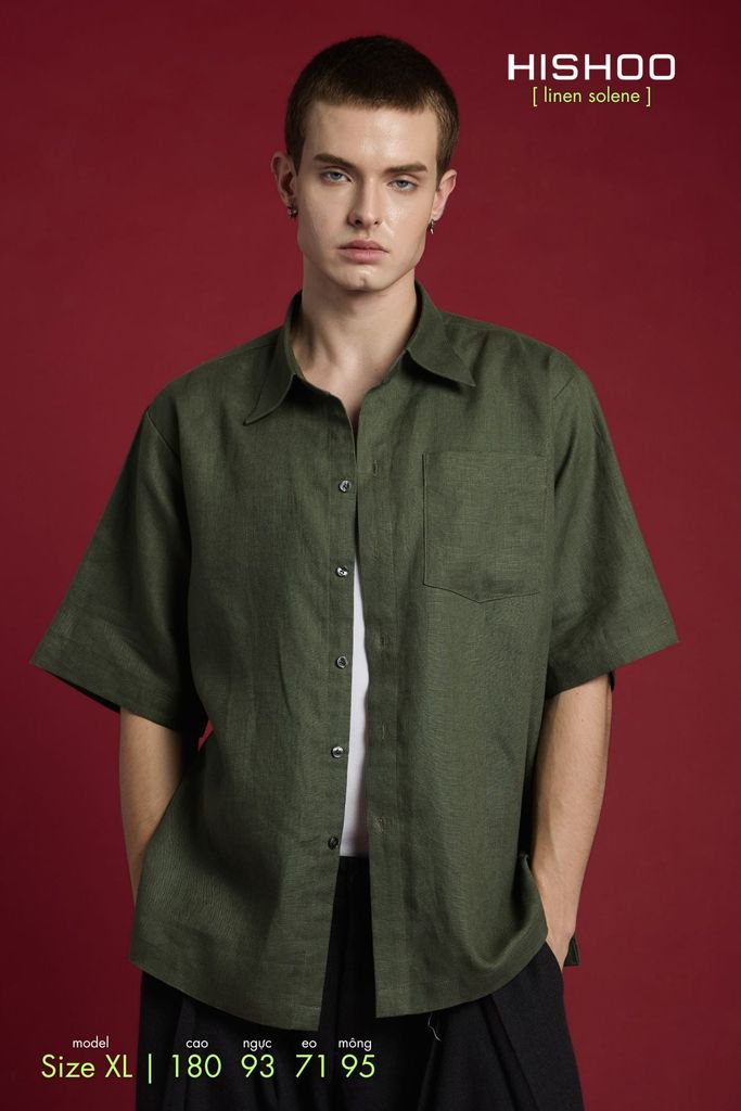 Áo Sơ Mi Nam Rêu  Relax Form Rộng, Cổ Thường, Lai Ngang Linen Solene Vải Mềm Mát HISHOO A1T003