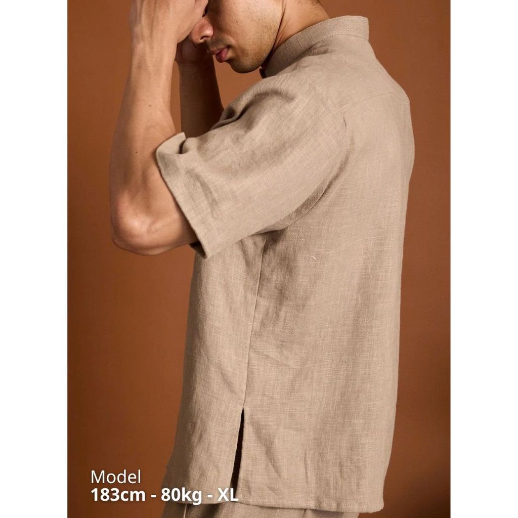 Áo Sơ Mi Nam Relax Form Rộng, Cổ Tàu Vuông, Lai Ngang Linen Solene Vải Mềm Mát HISHOO A1T002