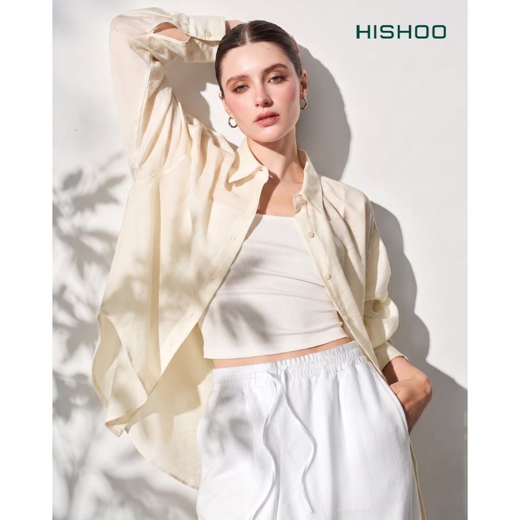 Áo Sơ Mi Tay Dài Nữ Relax Form Rộng, Cổ Thường, Lai Ngang Linen Solene Vải Mềm Mát HISHOO A2G003
