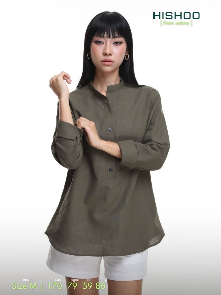 Áo Sơ Mi Nữ Tay Dài Relax Form Rộng, Cổ Polo Tàu Vuông, Xẻ V Linen Solene Vải Mềm Mát HISHOO A3G002