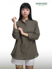 Áo Sơ Mi Nữ Tay Dài Relax Form Rộng, Cổ Polo Tàu Vuông, Xẻ V Linen Solene Vải Mềm Mát HISHOO A3G002
