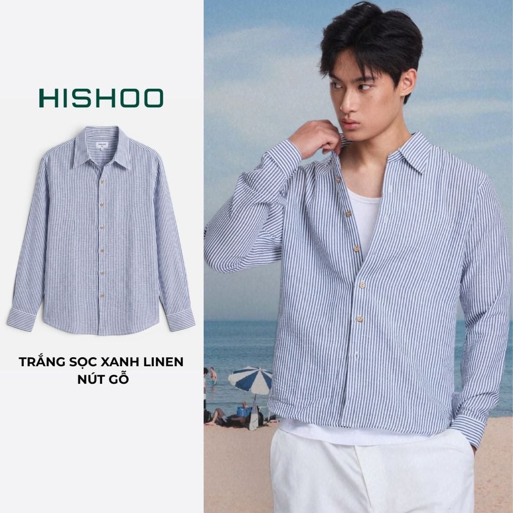 Áo Sơ Mi Trắng Sọc Nâu Nút Gỗ Tay Dài Nam Relax Form Rộng, Cổ Thường, Lai Ngang Linen Solene Vải Mềm Mát HISHOO A2T003