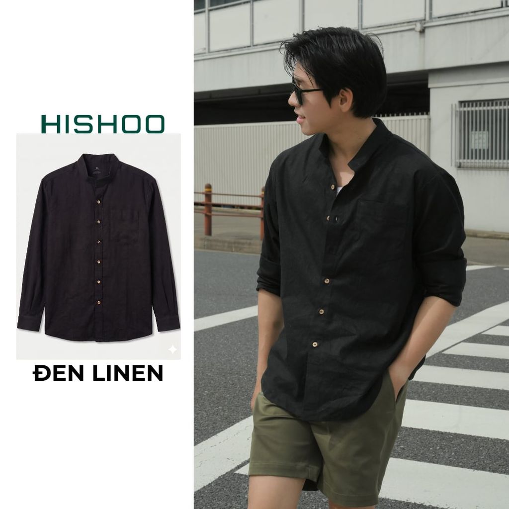 Áo Sơ Mi Nam Nút Gỗ Tay Dài Relax Form Rộng, Cổ Tàu Vuông, Lai Ngang Linen Solene Vải Mềm Mát HISHOO A2T002