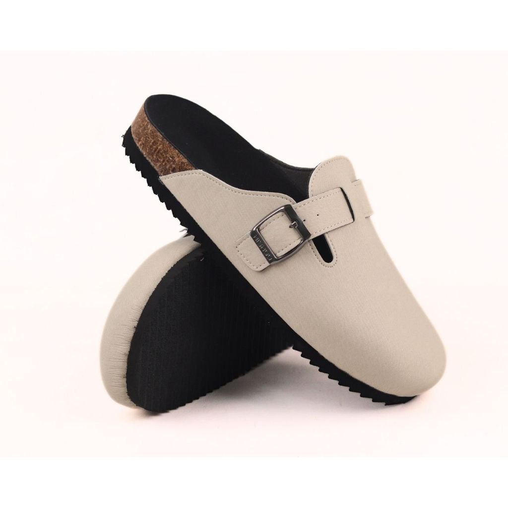 Dép đế trấu sục Boston quai ngang Kem da saffiano  HISHOO R109