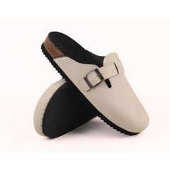 Dép đế trấu sục Boston quai ngang Kem da saffiano  HISHOO R109