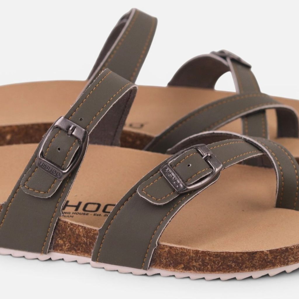 Dép đế trấu Birken Rêu quai ngang xỏ ngón da bò HISHOO M098