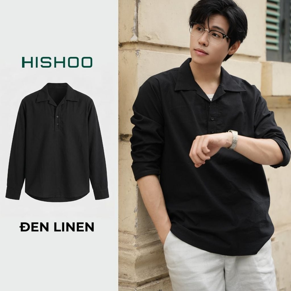 Áo Sơ Mi Nam Tay Dài Relax Form Rộng, Cổ Polo Danton, Xẻ V Linen Solene Vải Mềm Mát HISHOO A3T004