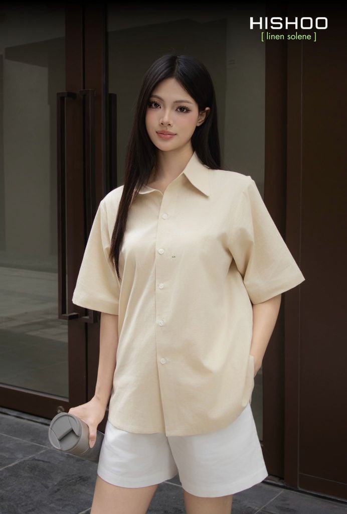 Áo Sơ Mi Nữ Relax Form Rộng, Cổ Thường, Lai Ngang Linen Solene Vải Mềm Mát HISHOO A1G003