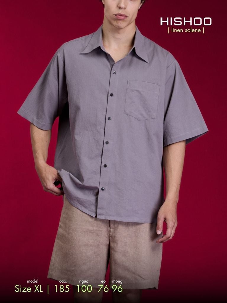 Áo Sơ Mi Xám Môn Nam Relax Form Rộng, Cổ Thường, Lai Ngang Linen Solene Vải Mềm Mát HISHOO A1T003
