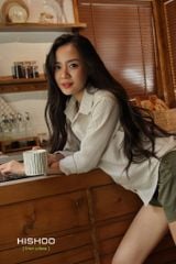Áo Sơ Mi Sọc Nút Gỗ Tay Dài Nữ Relax Form Rộng, Cổ Thường, Lai Ngang Linen Solene Vải Mềm Mát HISHOO A2G003