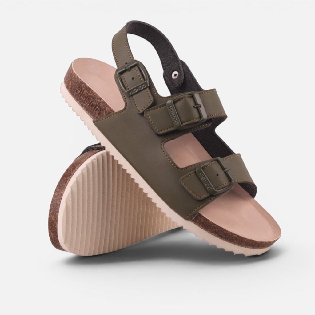 Dép đế trấu sandal birken Xanh Olive quai ngang 2 khoá premium HISHOO B102