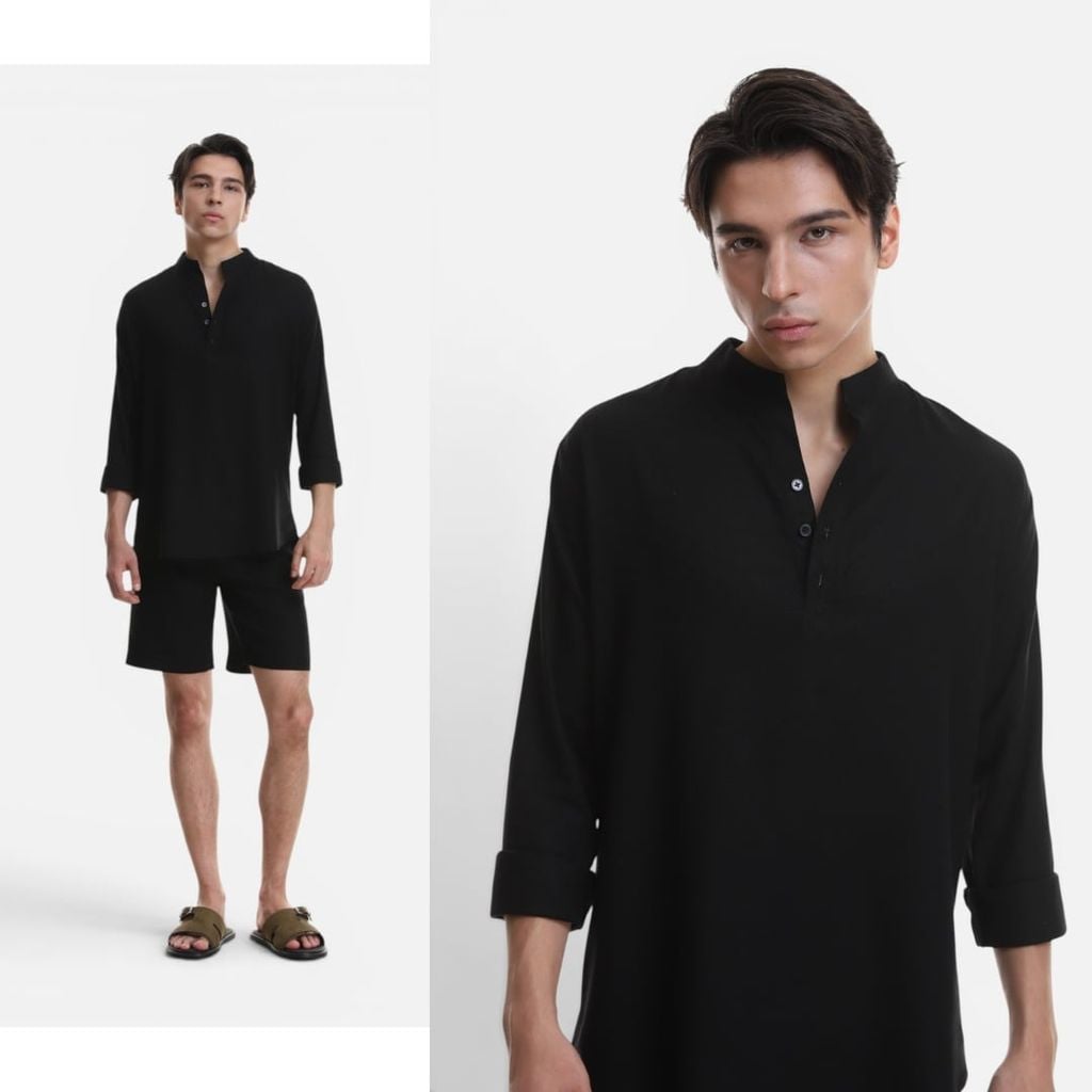 Áo Sơ Mi Nam Tay Dài Relax Form Rộng, Cổ Polo Tàu Vuông, Xẻ V Linen Solene Vải Mềm Mát HISHOO A3T002