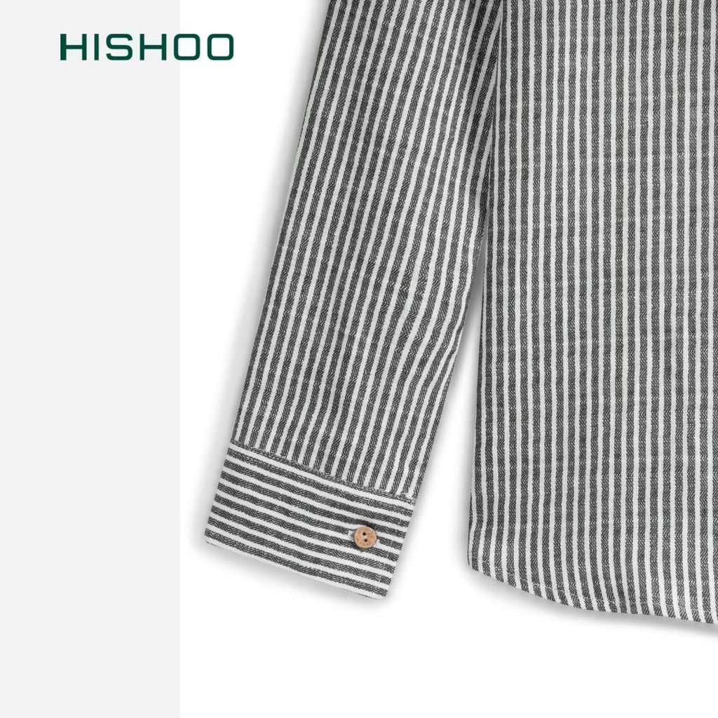 Áo Sơ Mi Sọc Nút Gỗ Tay Dài Nữ Relax Form Rộng, Cổ Thường, Lai Ngang Linen Solene Vải Mềm Mát HISHOO A2G003