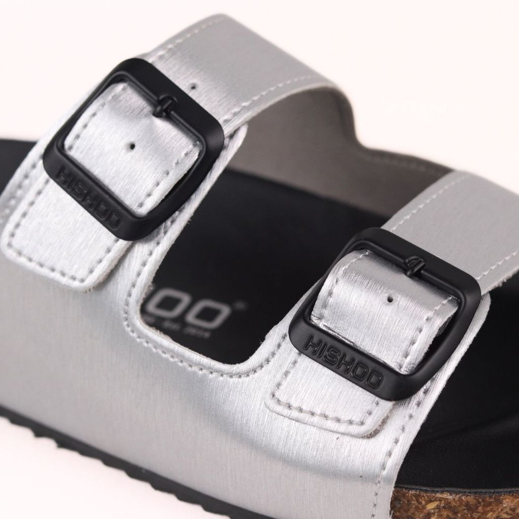 Dép đế trấu birken Bạc quai ngang 2 khóa Hishoo M093