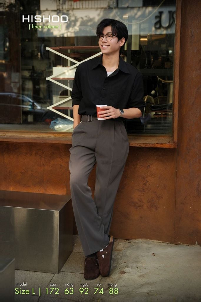 Áo Sơ Mi Nam Tay Dài Relax Form Rộng, Cổ Thường, Lai Ngang Linen Solene Vải Mềm Mát HISHOO A2T003