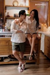 Áo Sơ Mi Trắng Sọc Nâu Nút Gỗ Tay Dài Nam Relax Form Rộng, Cổ Thường, Lai Ngang Linen Solene Vải Mềm Mát HISHOO A2T003