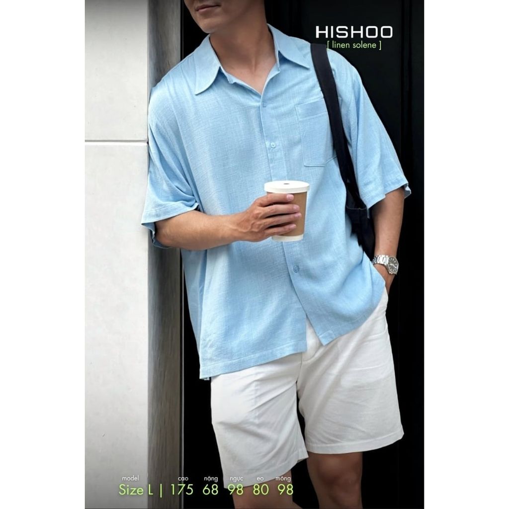 Áo Sơ Mi Nam Relax Form Rộng, Cổ Thường, Lai Ngang Linen Solene Vải Mềm Mát HISHOO A1T003