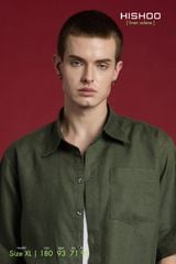 Áo Sơ Mi Nam Rêu  Relax Form Rộng, Cổ Thường, Lai Ngang Linen Solene Vải Mềm Mát HISHOO A1T003