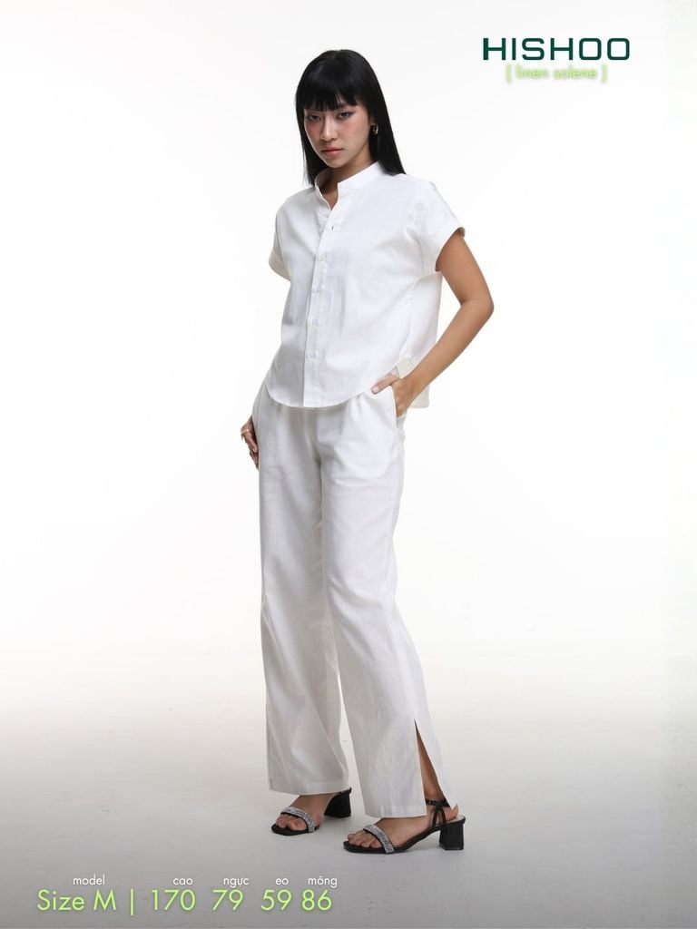 Quần dài Linen Trắng Nữ Lưng Thun, Xẻ Tà Hishoo basic mặc đi chơi, đi làm HISHOO Q3G001