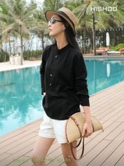 Áo Sơ Mi Nữ Nút Gỗ Tay Dài Relax Form Rộng, Cổ Polo Tàu Vuông, Xẻ V Linen Solene Vải Mềm Mát HISHOO A3G002