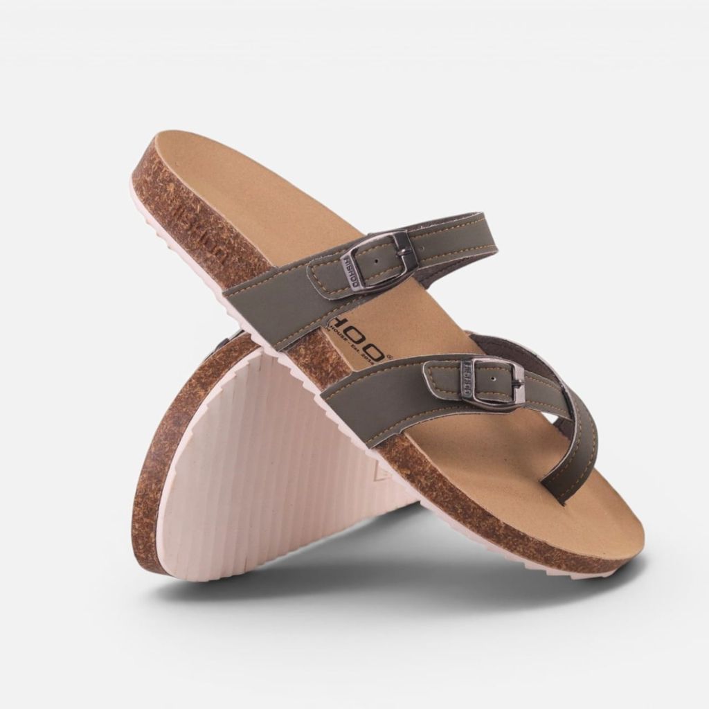 Dép đế trấu Birken Rêu quai ngang xỏ ngón da bò HISHOO M098