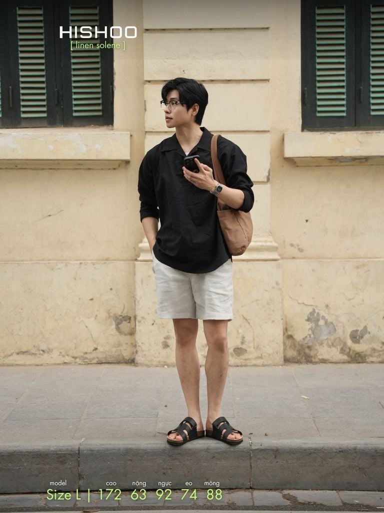 Áo Sơ Mi Nam Tay Dài Relax Form Rộng, Cổ Polo Danton, Xẻ V Linen Solene Vải Mềm Mát HISHOO A3T004