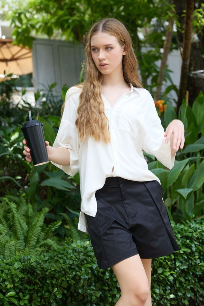 Quần kaki nữ lưng cao xếp li Hishoo short suông basic mặc đi chơi, đi làm HISHOO QG002