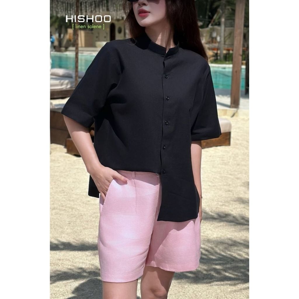 Áo Sơ Mi Nữ Relax Form Rộng, Cổ Tàu Vuông, Lai Ngang Linen Solene Vải Mềm Mát HISHOO A1G002