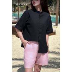 Áo Sơ Mi Nữ Relax Form Rộng, Cổ Tàu Vuông, Lai Ngang Linen Solene Vải Mềm Mát HISHOO A1G002