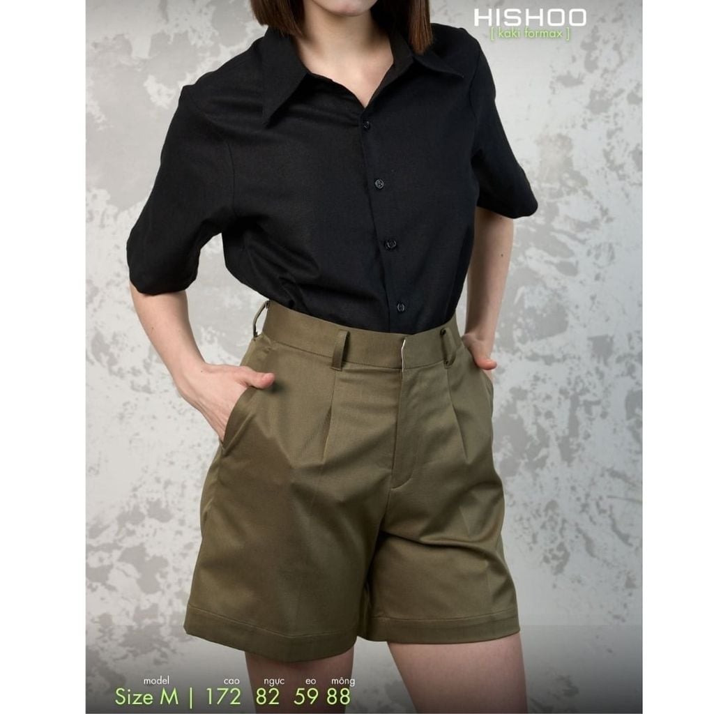 Quần kaki nữ lưng cao xếp li Hishoo short suông basic mặc đi chơi, đi làm HISHOO Q2G001