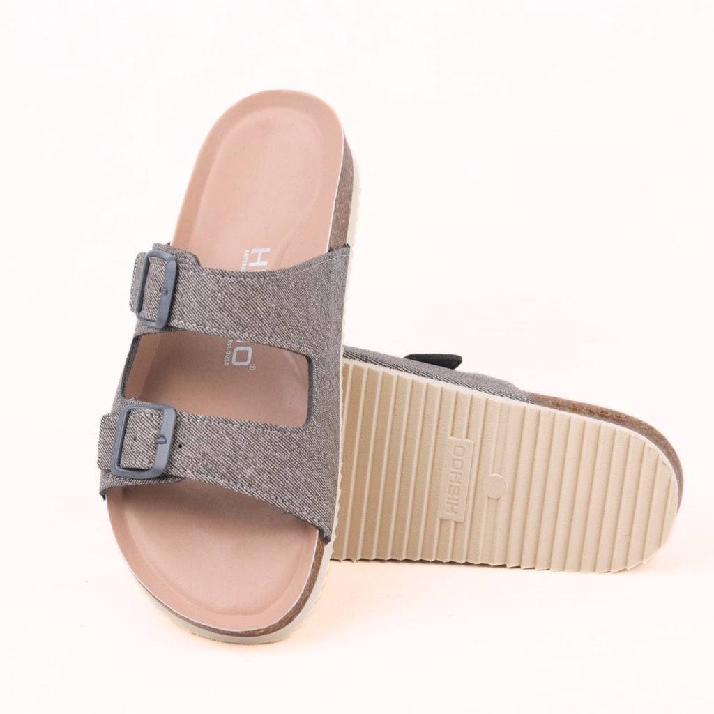 Dép đế trấu birken 2 khóa Xám Demin Khóa Xám Premium HISHOO B093