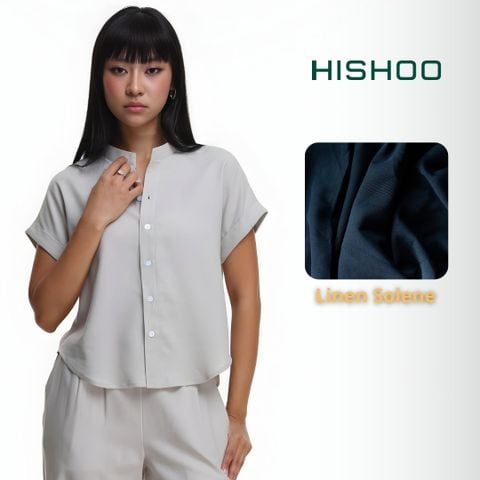 Áo Sơ Mi Xám Tro Nữ Tay Ngắn Relax Form Rộng, Cổ Tàu Vuông, Linen Solene Vải Mềm Mát HISHOO A4G002