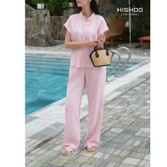 Áo Sơ Mi Nữ Tay Ngắn Relax Form Rộng, Cổ Tàu Vuông, Linen Solene Vải Mềm Mát HISHOO A4G002