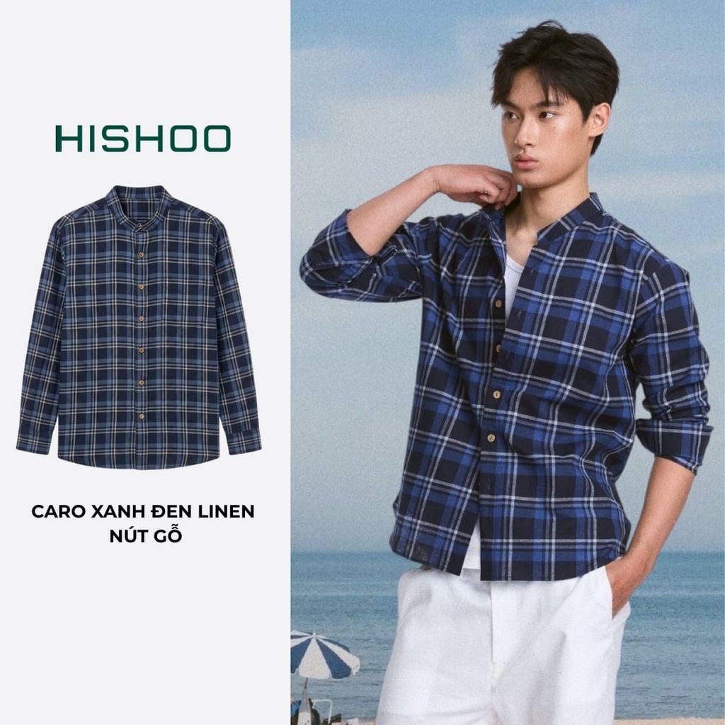 Áo Sơ Mi Caro Nút Gỗ Tay Dài Nam Relax Form Rộng, Cổ Tàu Vuông, Lai Ngang Linen Solene Vải Mềm Mát HISHOO A2T002